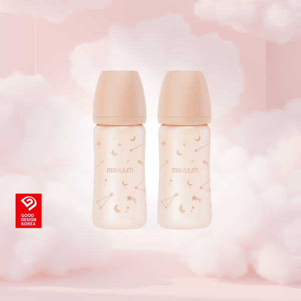 MOYUUM ขวดนมแก้วเคลือบซิลิโคน โมยูม ALL IN ONE ขนาด 240ML (ลาย Twinkle) พร้อมจุก Stage2 สำหรับ 3-6 เดือน เซ็ต 2 ชิ้น