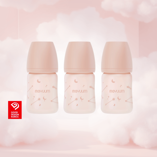 MOYUUM ขวดนมแก้วเคลือบซิลิโคน โมยูม ALL IN ONE ขนาด 150ML (ลาย Twinkle) พร้อมจุก Stage1 สำหรับ 0-3 เดือน เซ็ต 3 ชิ้น
