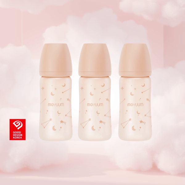 MOYUUM ขวดนมแก้วเคลือบซิลิโคน โมยูม ALL IN ONE ขนาด 240ML (ลาย Twinkle) พร้อมจุก Stage2 สำหรับ 3-6 เดือน เซ็ต 3 ชิ้น