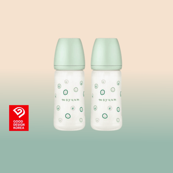 MOYUUM ขวดนมแก้วเคลือบซิลิโคน โมยูม ALL IN ONE ขนาด 240ML (ลาย Happy more) พร้อมจุก Stage2 สำหรับ 3-6 เดือน เซ็ต 2 ชิ้น